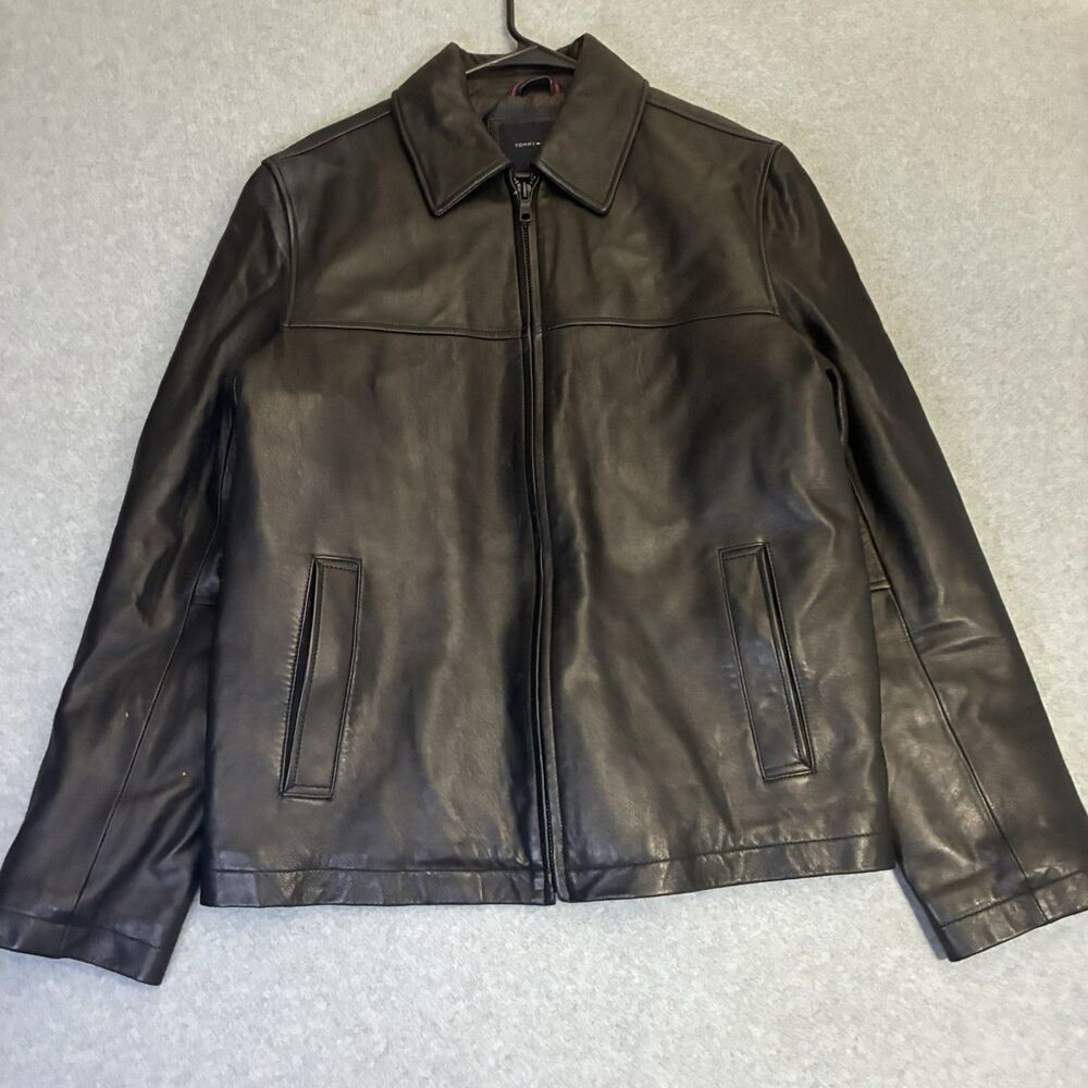 Men’s Tommy Hilfiger Black Faux Leather Jacket Quilted Plaid Lined Size M